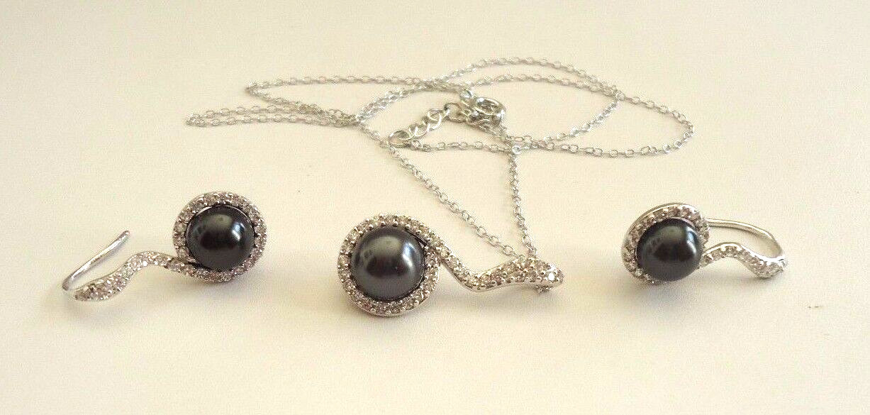 925 STERLING SILVER BLACK PEARL PENDANT & EARRING SET W/ ACCENTS/18”CHAIN