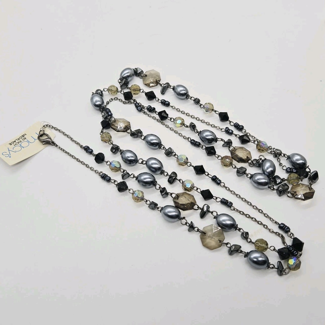 Macy’s Black & Grey Aurora Borealis Beaded necklace Long 60 in