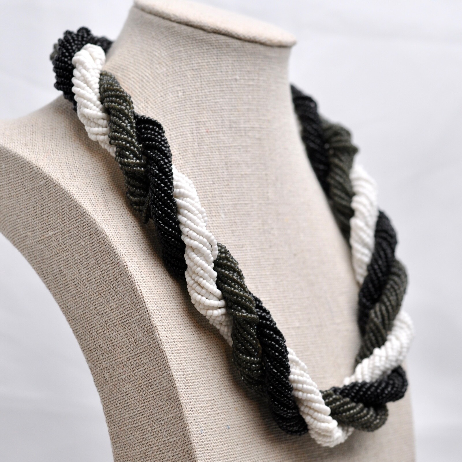 Necklace Black Grey White Beaded with Beaded Clasp 10” Long