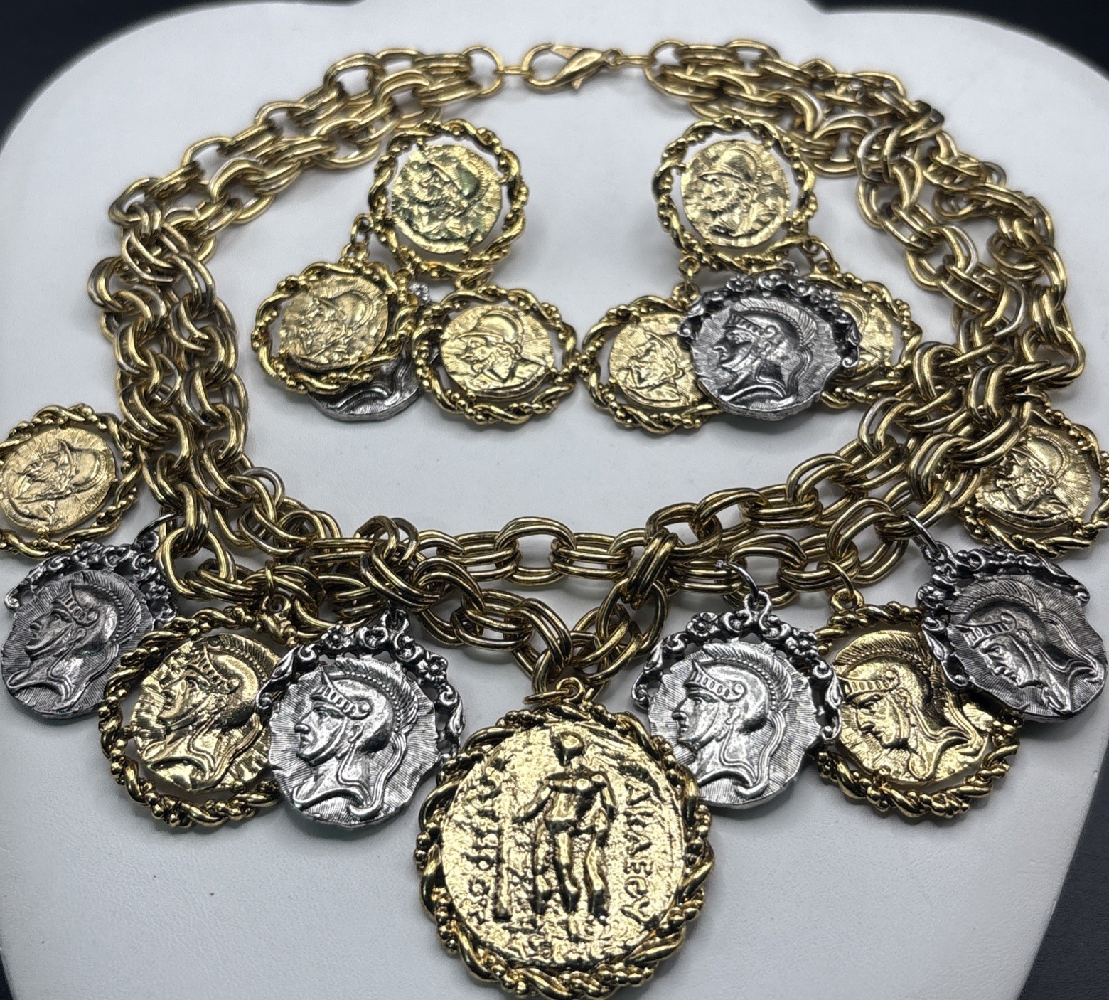 coin charm necklace Earrings Set Layered Two Tone Roman Greek Soldier Medallion