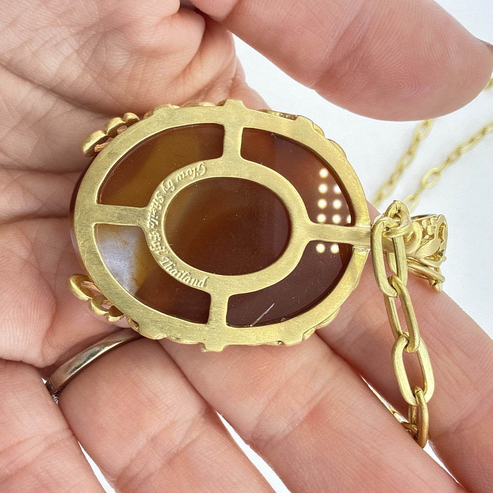 Sheila Fajl Necklace Floral Flower Faux Carnelian Gold Tone Brazil Chain Link