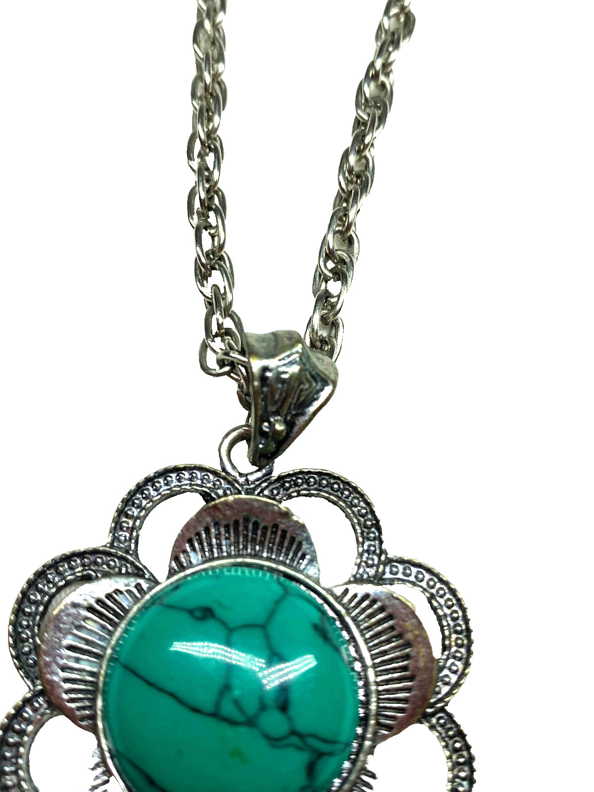 Floral Shape Tibetan Silver Faux Green Turquoise Necklace 26″ Long Spring Close