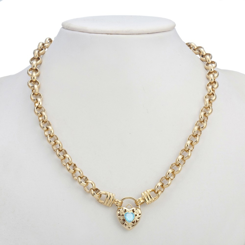 18K GL Thick Solid Rolo Yellow Gold Necklace Filigree Heart Padlock Topaz Blue