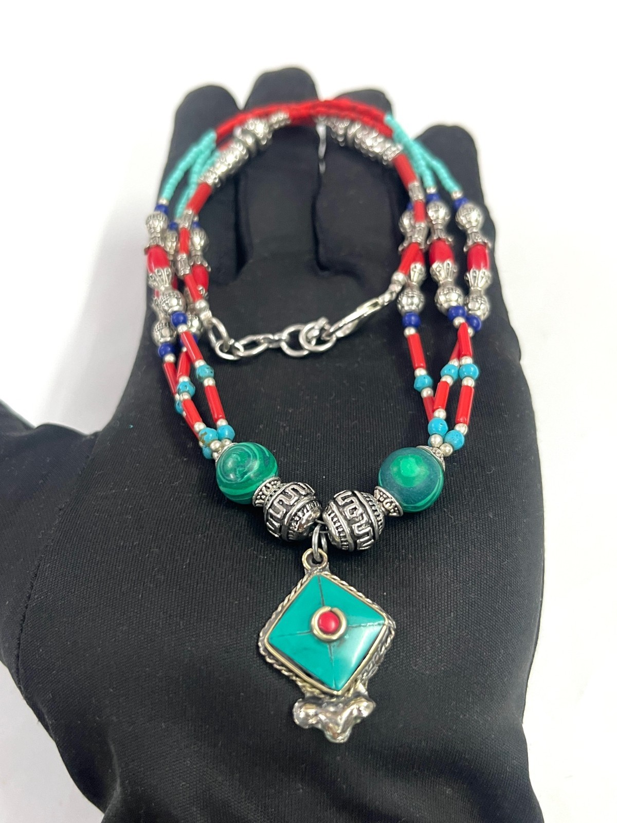 Antique Turquoise Coral Gemstone Tibetan Style Necklace Jewelry, 17 Inc Adjs
