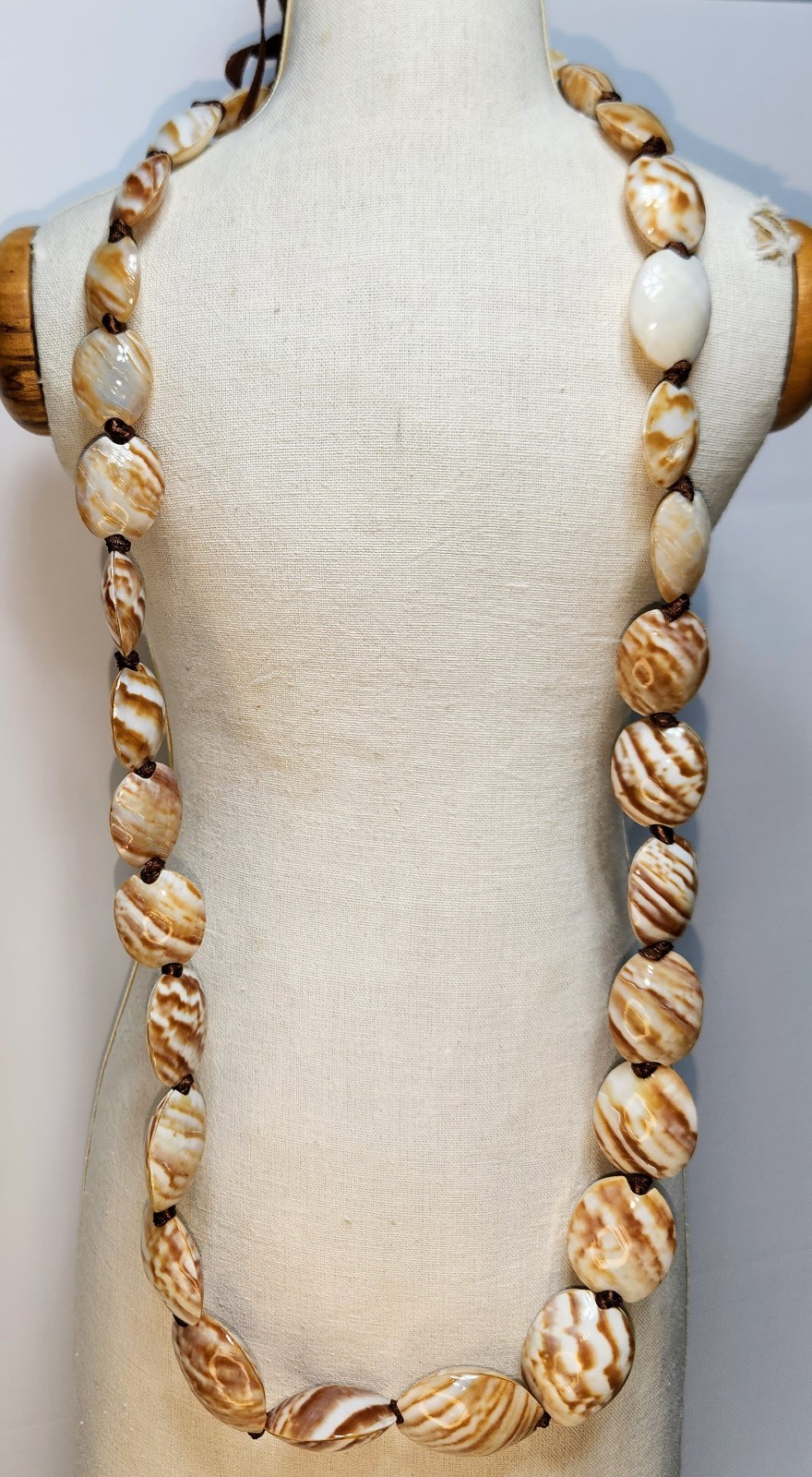 Long Brown & Ivory Marbled Shell Bead Statement Necklace