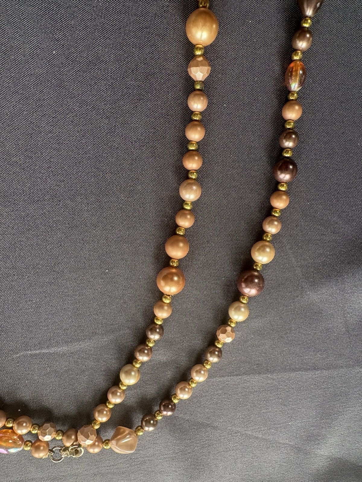 Vintage Beaded Necklace Long Rose Gold Brown Mixed Media Faceted Beads