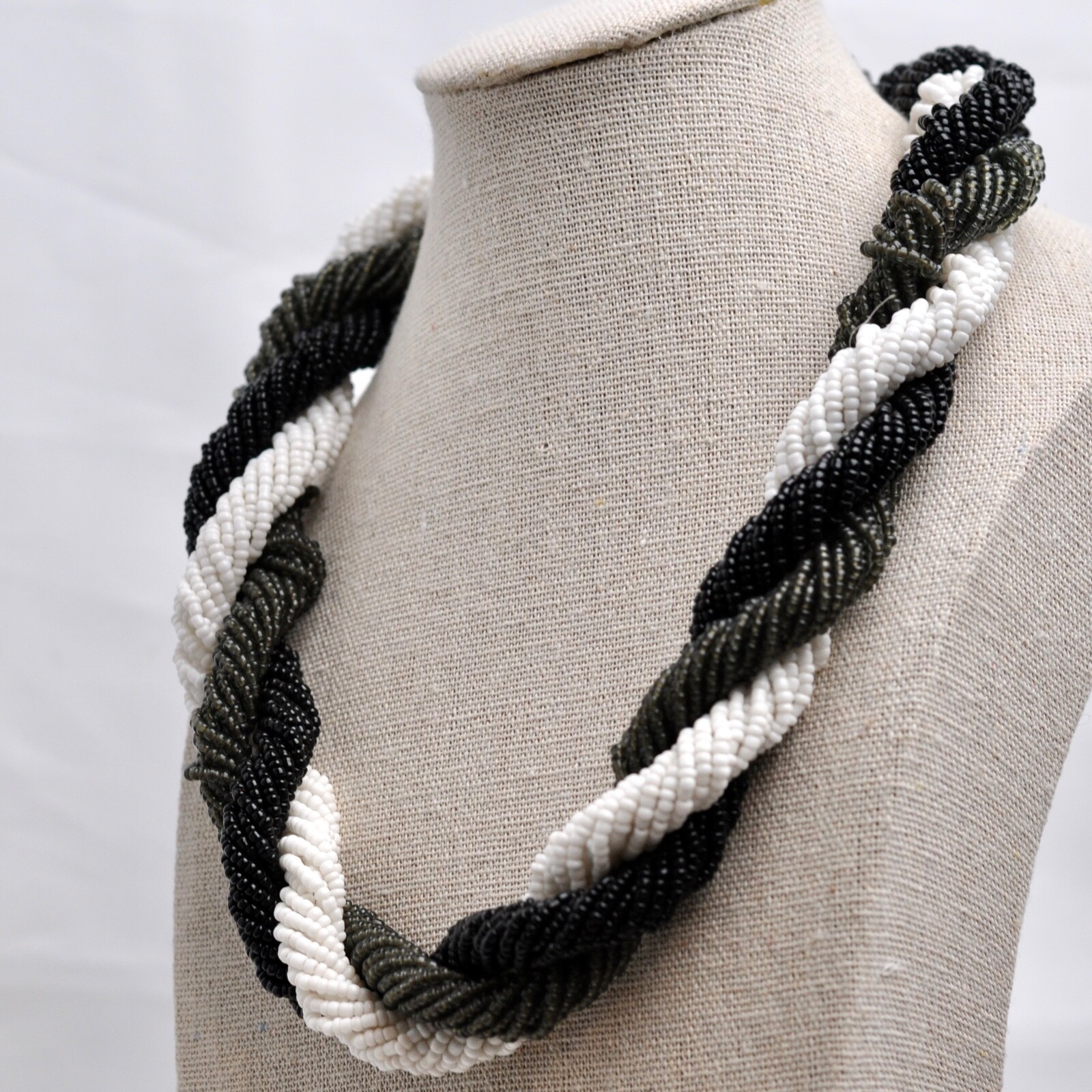 Necklace Black Grey White Beaded with Beaded Clasp 10” Long