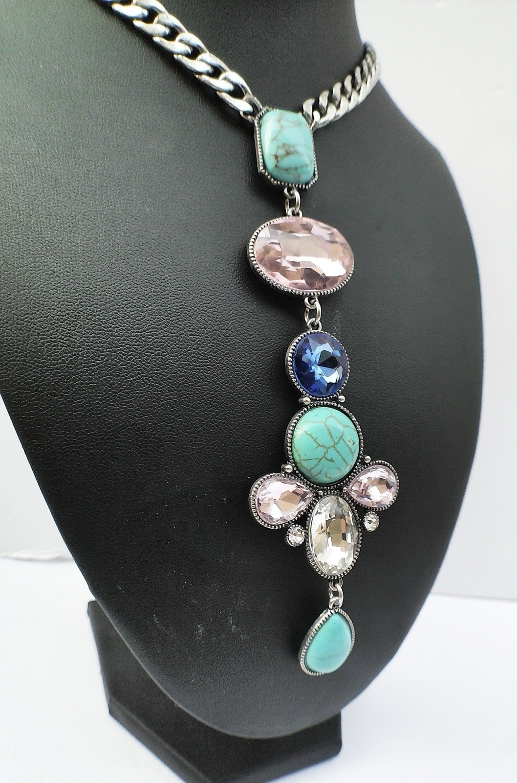 Western Statement Necklace Imitation Turquoise Pink Crystal Curb Chain Drop