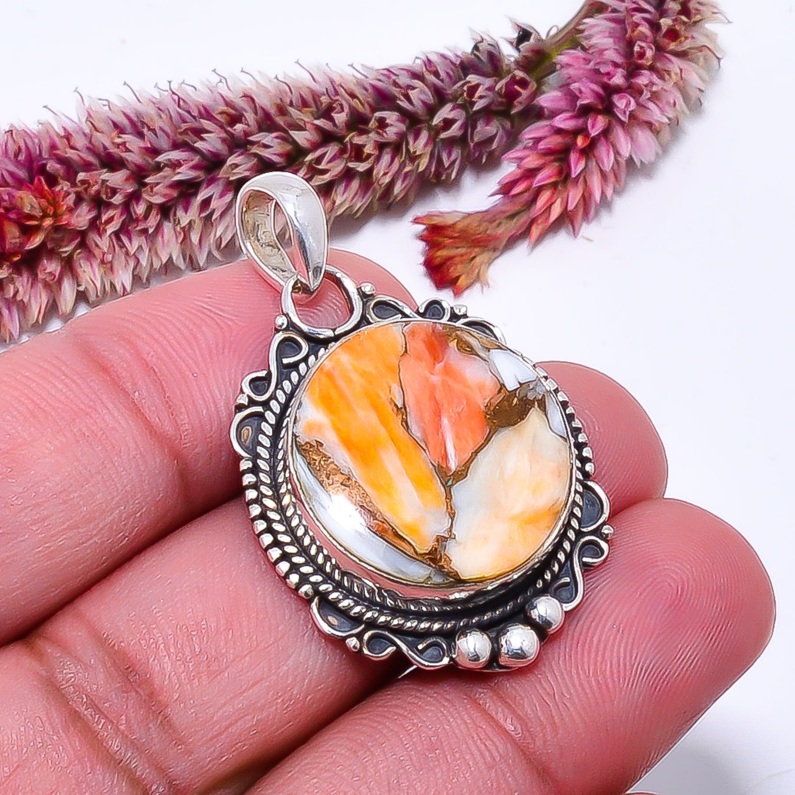 Copper Spiny Oyster Designer Handmade 925 Sterling Silver Pendant 1.44″ P6114033