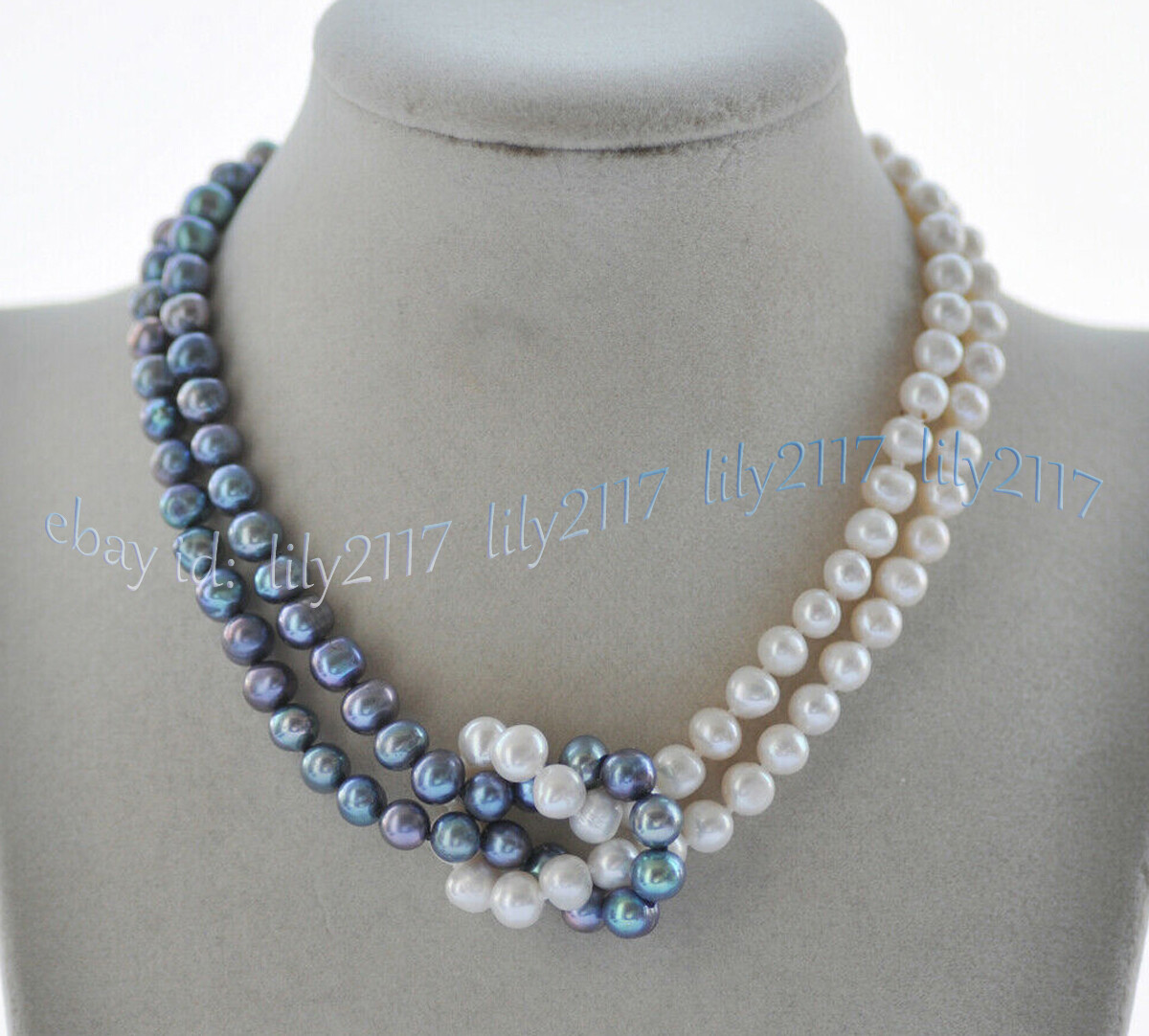 2 Rows 6-7mm Genuine Natural White Black Freshwater Pearl Twisted Necklaces 18”
