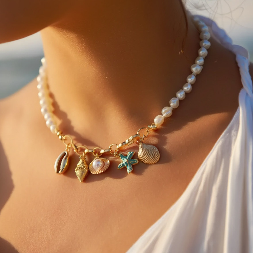 Pearl Necklace Gold Seashell Starfish Charm Choker Boho Beach Women Gift