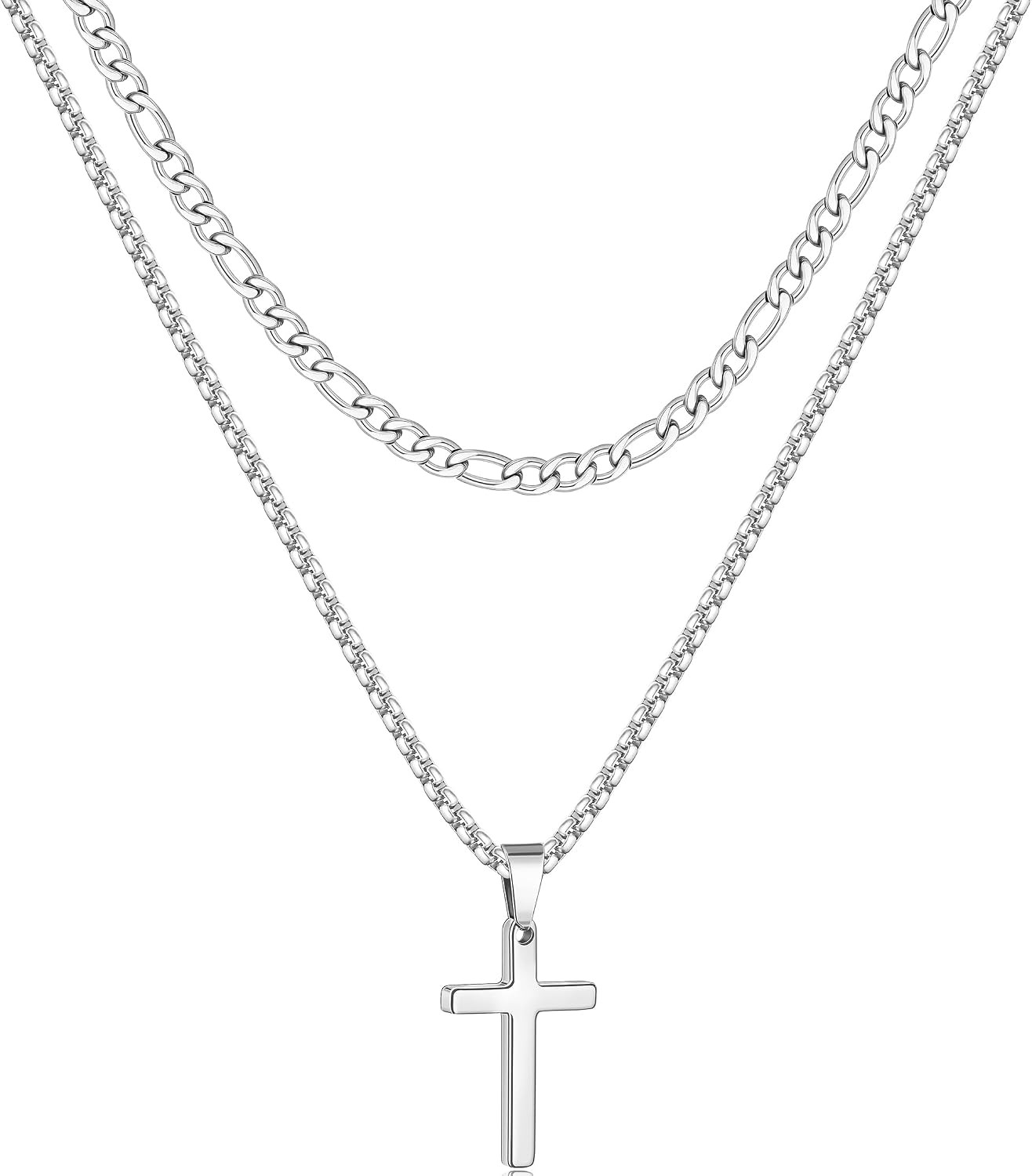 2 Pcs Cross Necklace Chain for Men, Stainless Steel Pendant | Layered Cross Chai