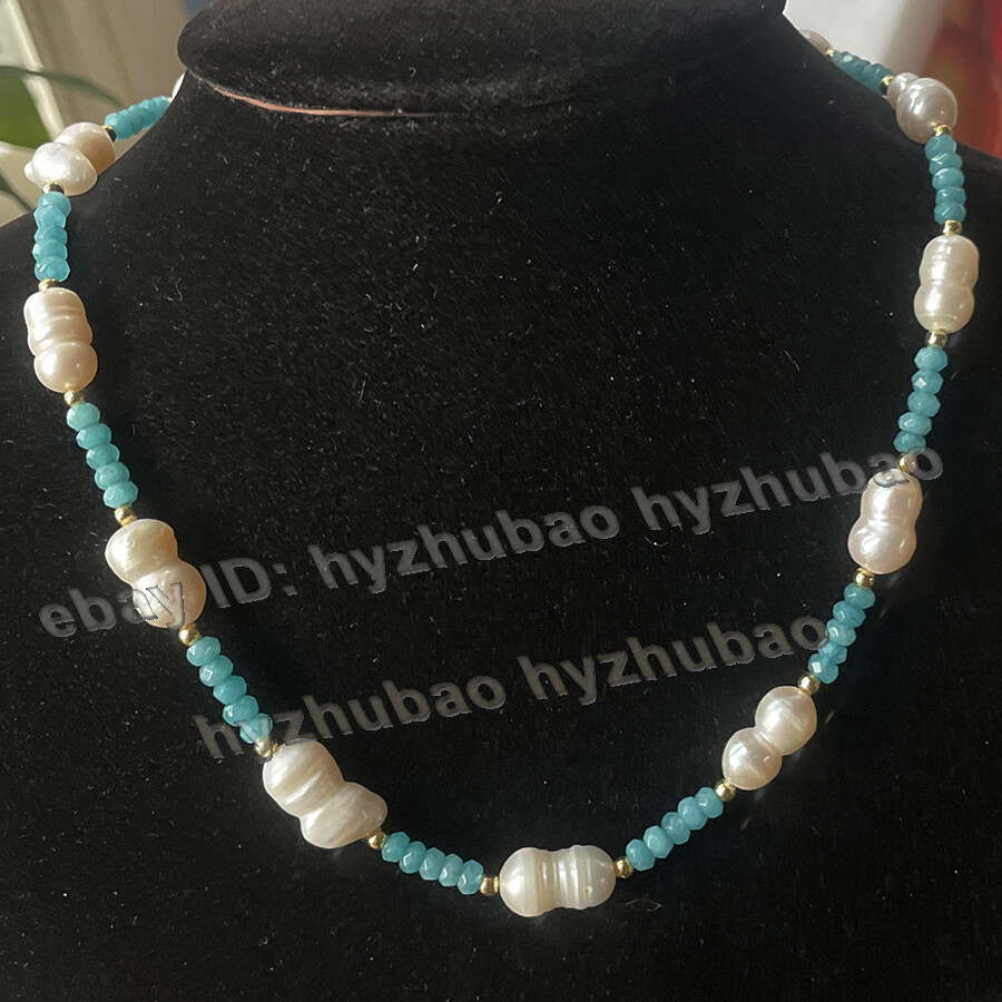 14-28″2x4mm Faceted Roundel Aquamarine Gems 10x15mm White Baroque Pearl Necklace