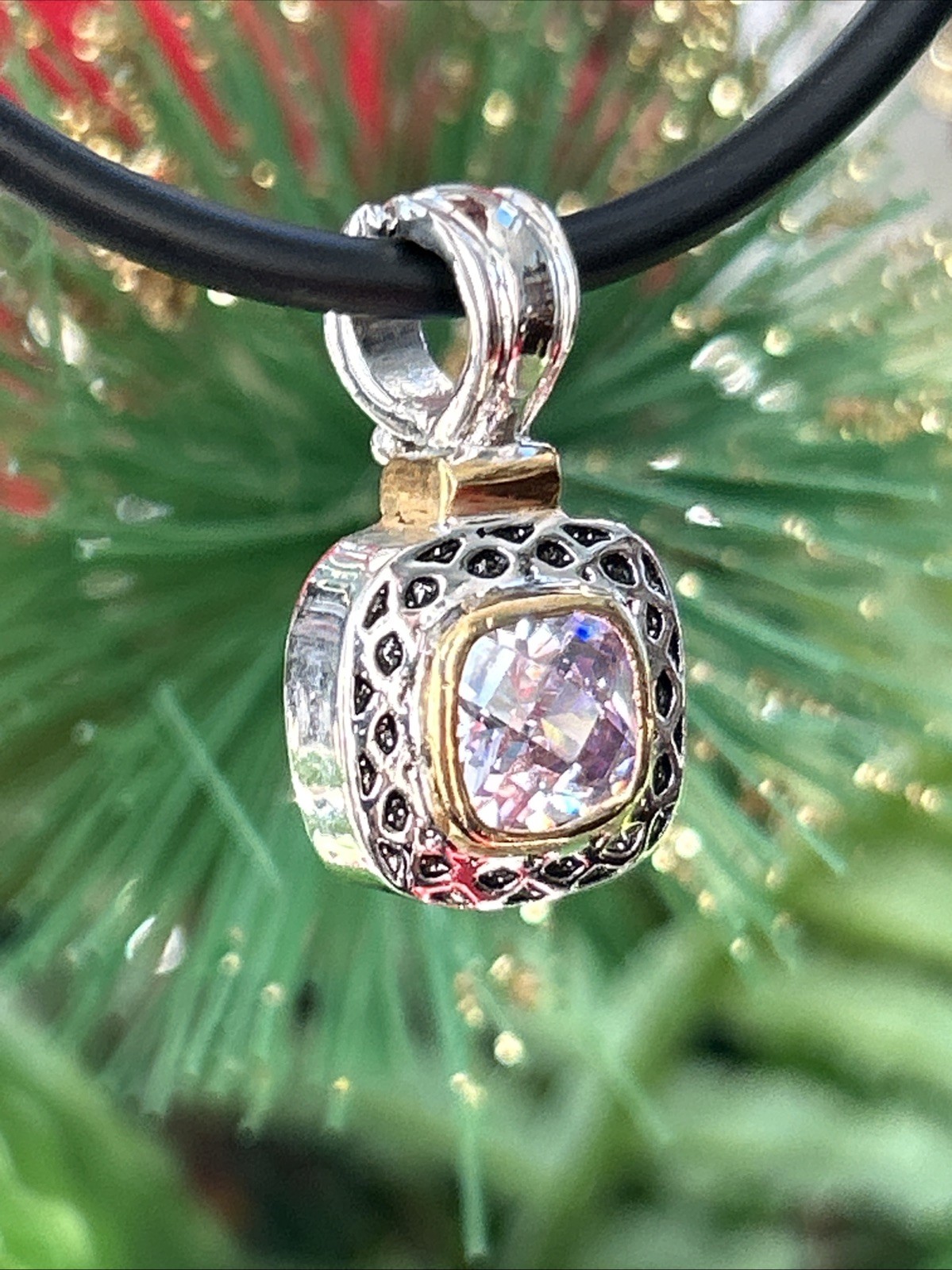 Gold And Silver Tone Square Pink Lab Diamond Pendant Necklace On Black Cord 16”
