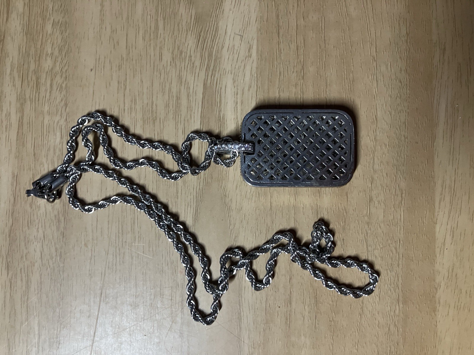 Mens Iced Out CZ Dog Tag Pendant Necklace Silver Tone Hip Hop Rope Chain Bling