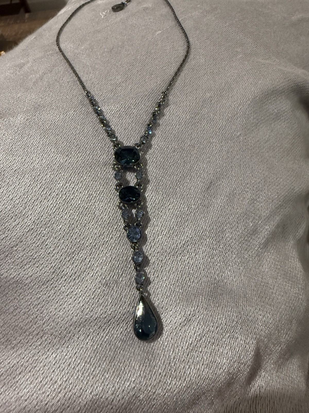 Vintage Givenchy Blue Crystal Y Necklace Silver Tone Signed Designer