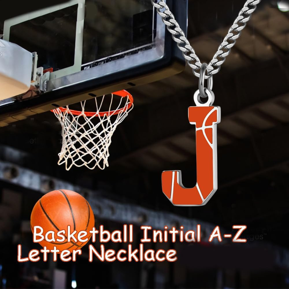 Basketball Letter Necklace – Men’S Basketball Charm Pendant, Stainless Steel Sil