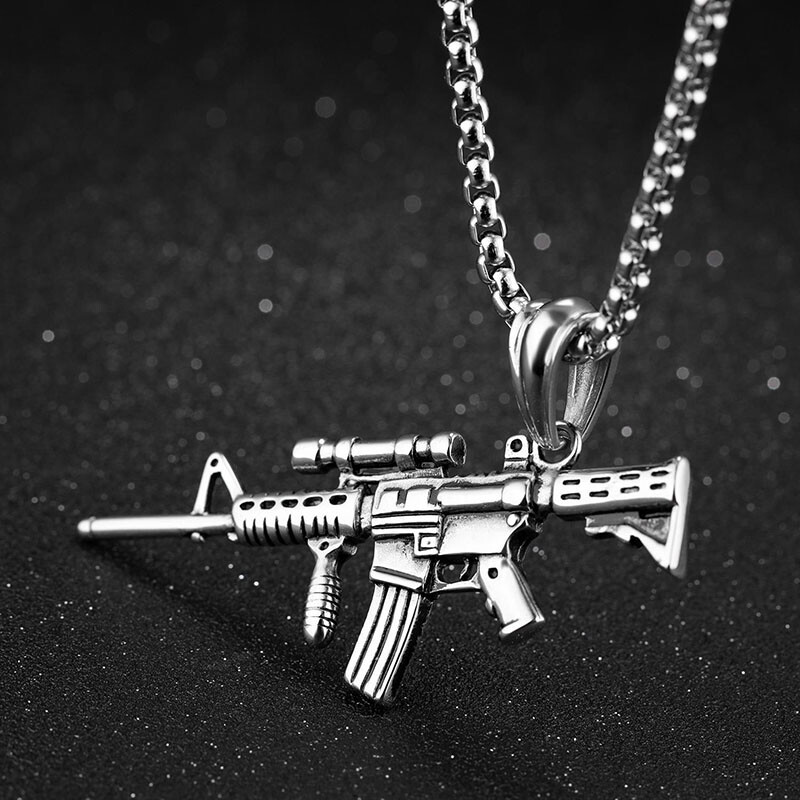 Mens Boys Cool Stainless Steel Army M4 Rifle Gun Pendant Necklace Chain Set