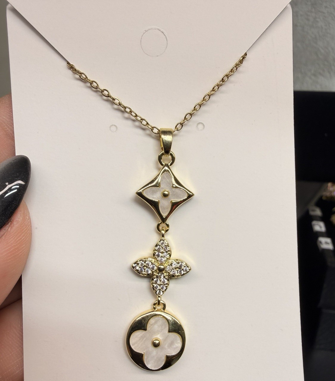 Gold Plated Clover Pendant Cable Chain Necklace CZ White