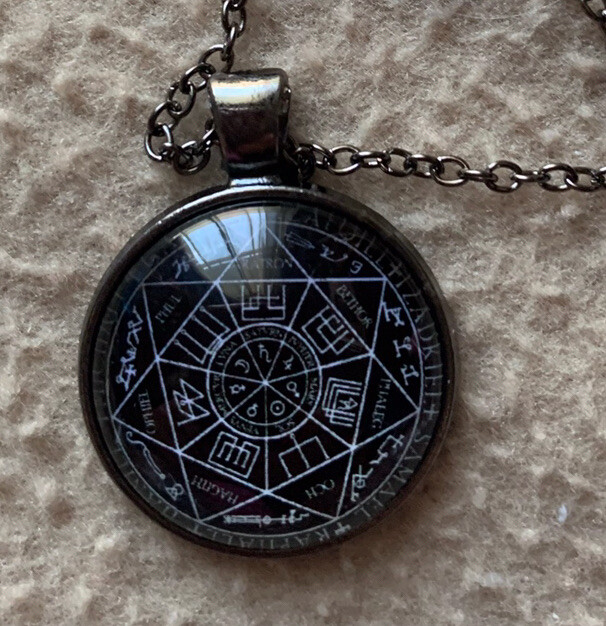 Mystic Domed Pendant Necklace 20” Antiqued Chain 1 1/8” Mystical Signs Mystical