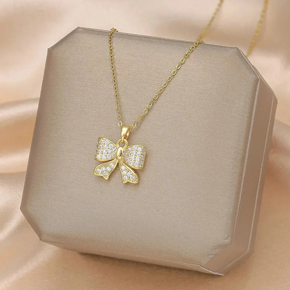 Gold Butterfly Zircon Pendant Titanium Steel Chain Simple Elegant Necklace