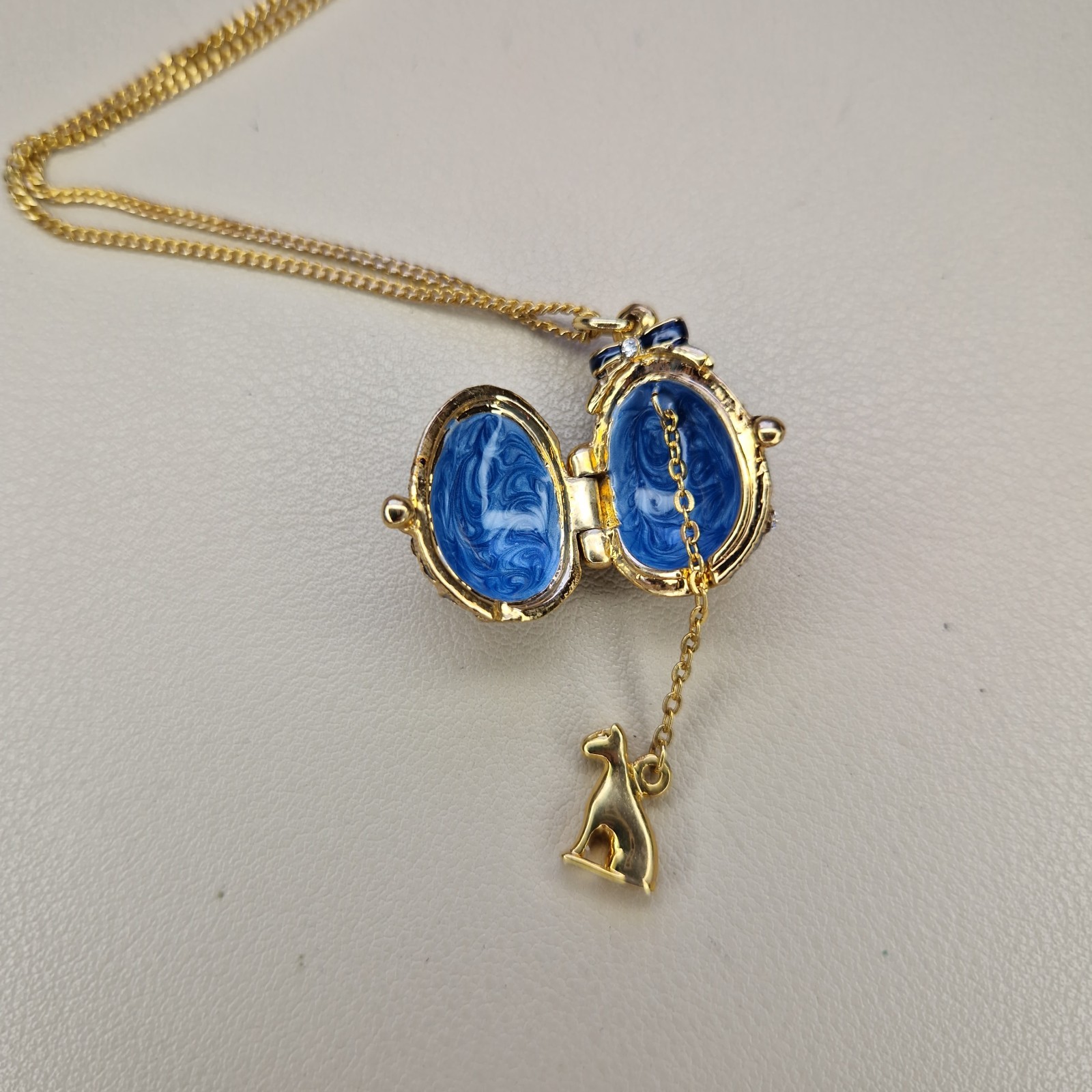 Enamel Easter Egg Locket Necklace Dangly Hidden Charm Sphix Jeweled Louvre 46cm