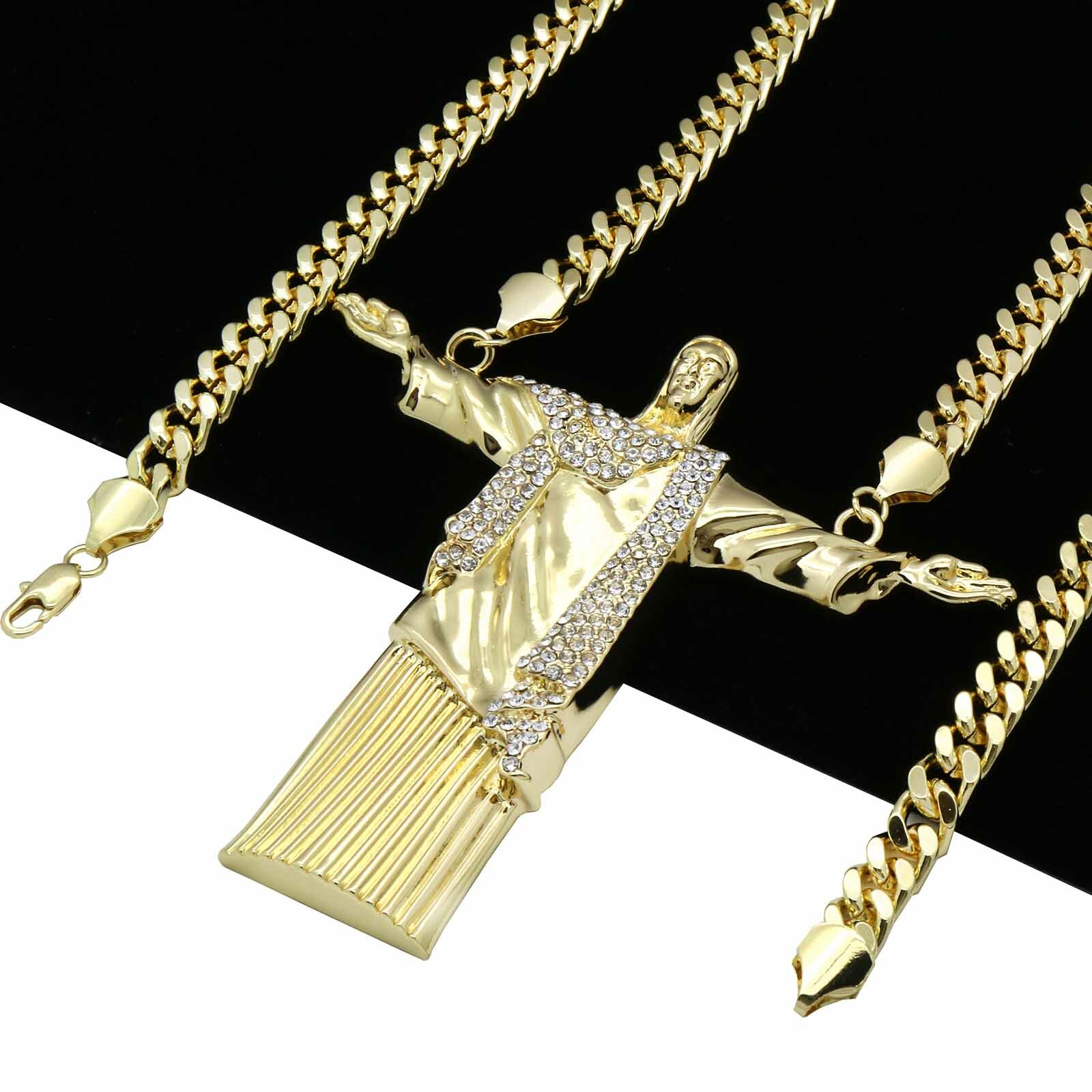 Hip Hop 14k Gold Plated Huge “JESUS” Pendant Cubic Zirconia 30″ Cuban Chain (H)