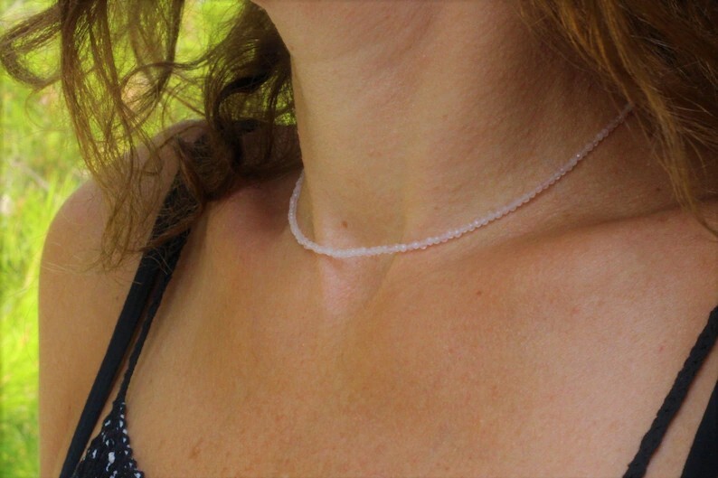 Rose Quartz Dainty Choker Necklace 2mm Crystal Gemstone Beads Minimalist Gifts