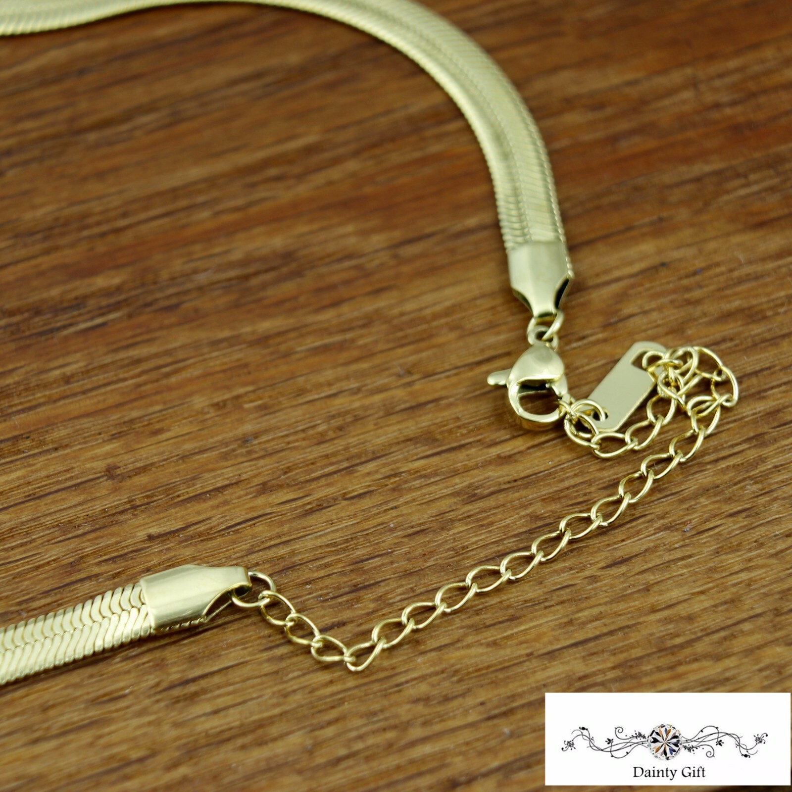 Titanium Stainless Steel Gold Flat Herringbone Chain Choker Necklace 13-16.5″