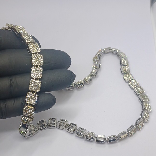24″ 9mm Square Cluster Crystal Iced Stainless Steel Chain, Box Clasp Beautiful