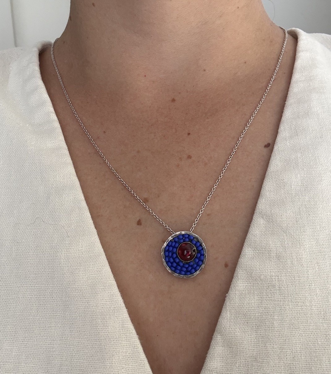925 Italy Sterling Silver Artisan Pendant Necklace Red Cabochon Blue Beads
