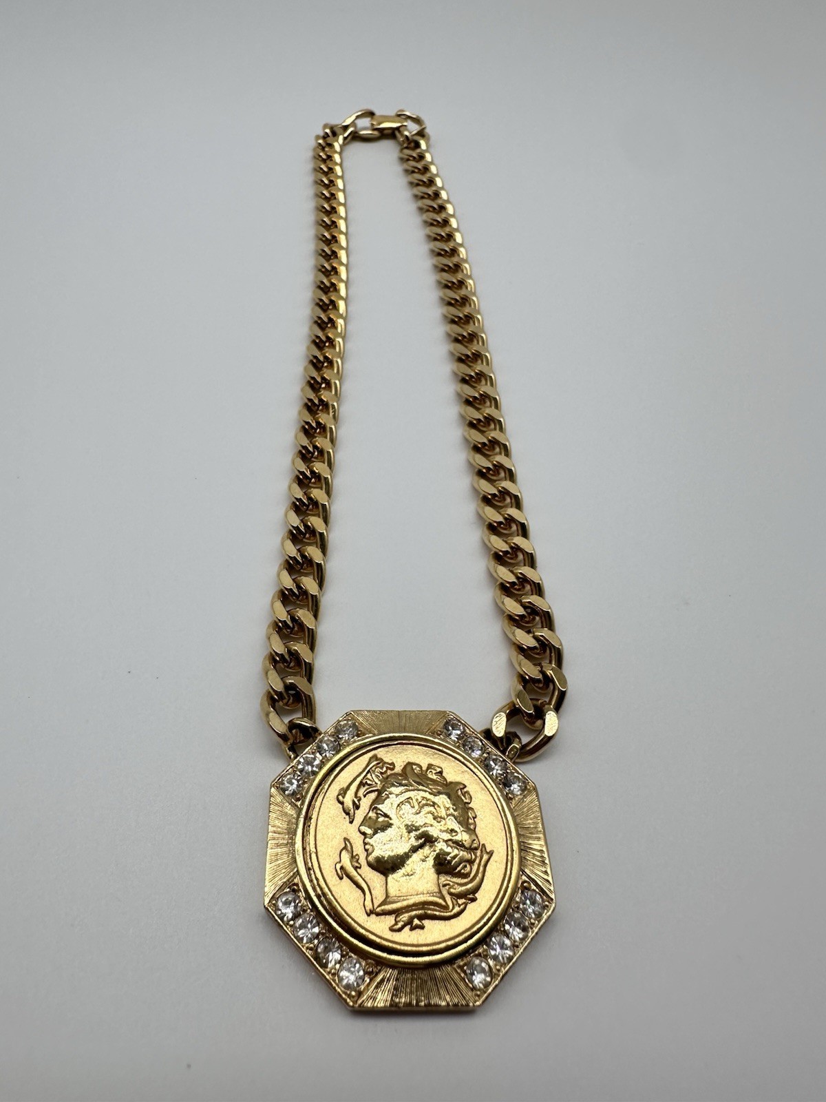 Gold Tone Miami Curb Chain/Crystal Accents/Roman French Emp. Faux Coin Pendant