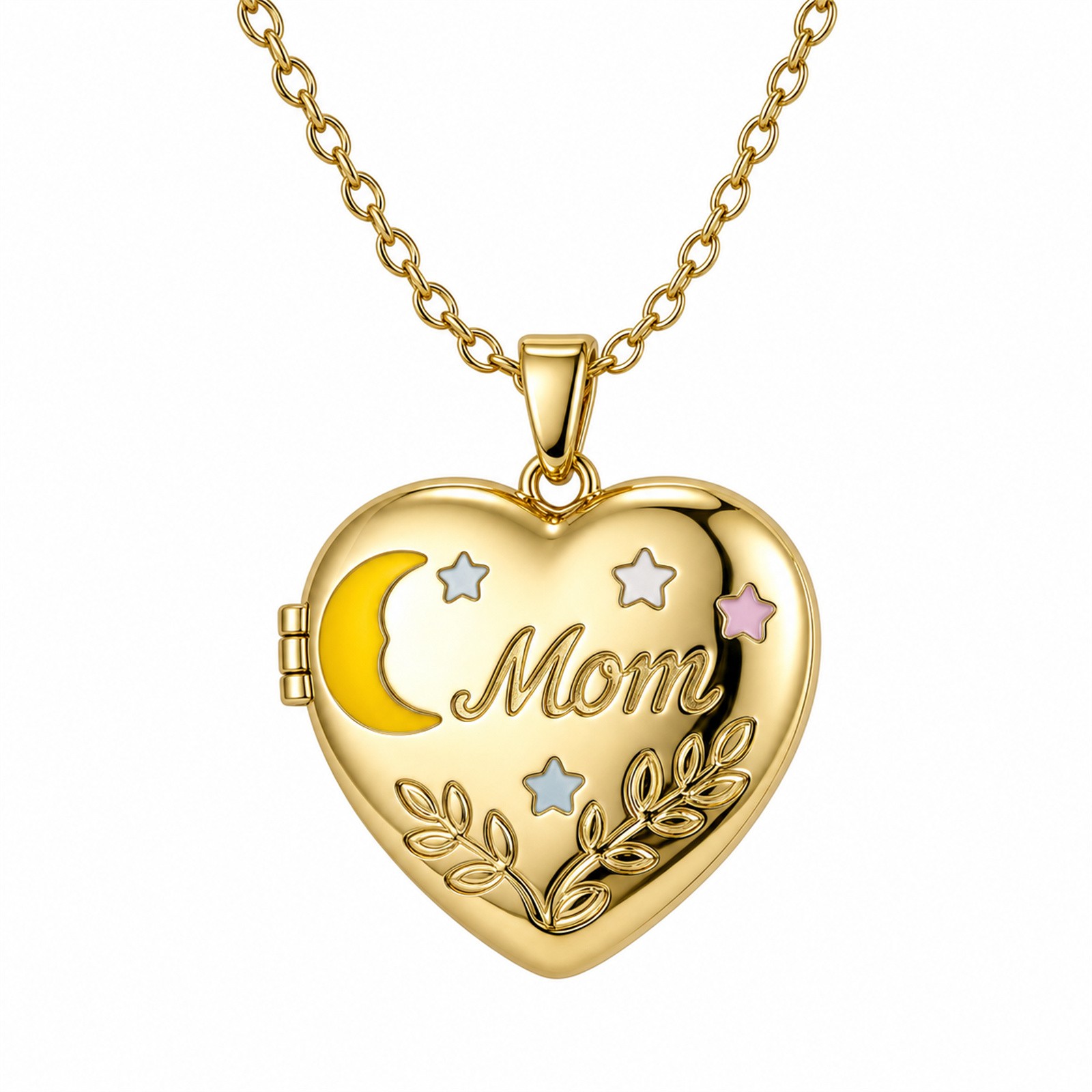 Engraved “Mom” Colorful Enamel Heart Pendant Photo Locket Necklace Adjustable