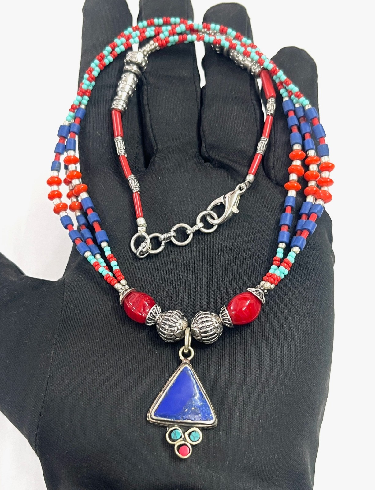 Antique Lapis Red Coral Gemstone Tibetan Bohemian Necklace Jewelry, 18 inch Adju