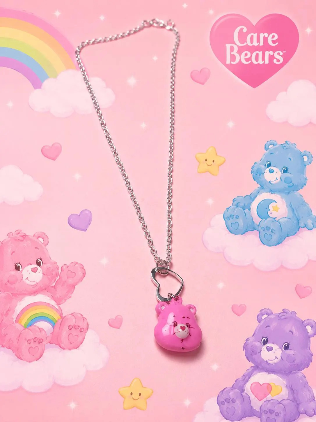 Cheer Bear Care Bear Pink Teddy Bear Necklace With Heart Design