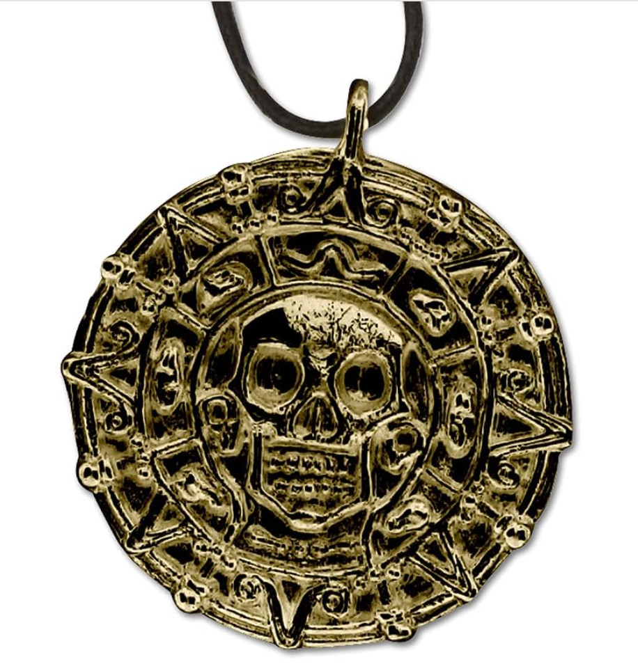 Antique Coin Necklace Skull Medallion Pendant Black Cord Gold Pirate Accent New