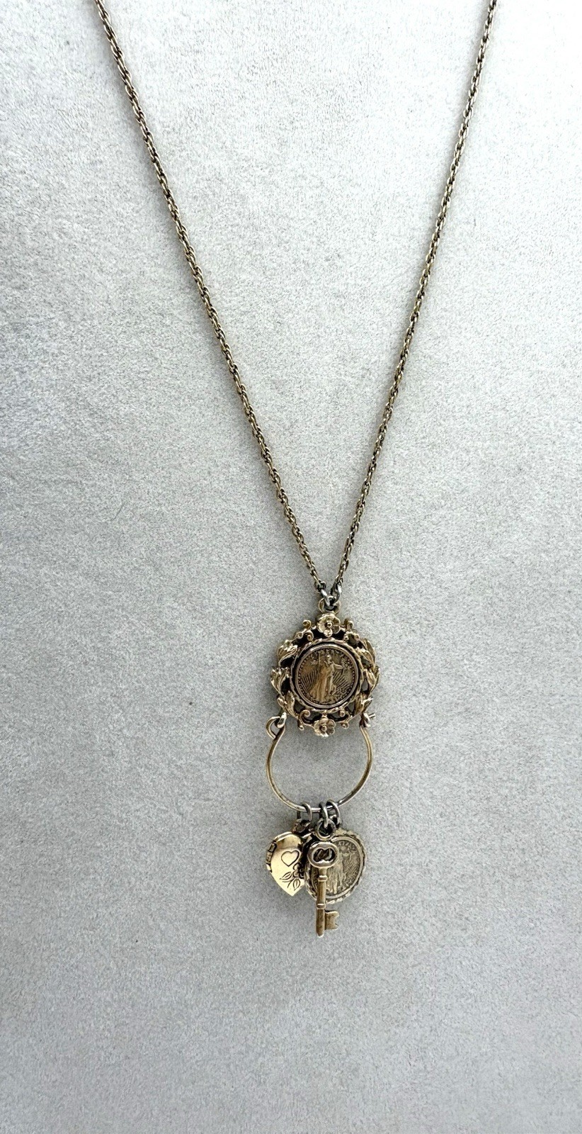 Gold Tone Tiny Charm Pendant Necklace Faux Liberty Coin Heart Key&Locket By 1928