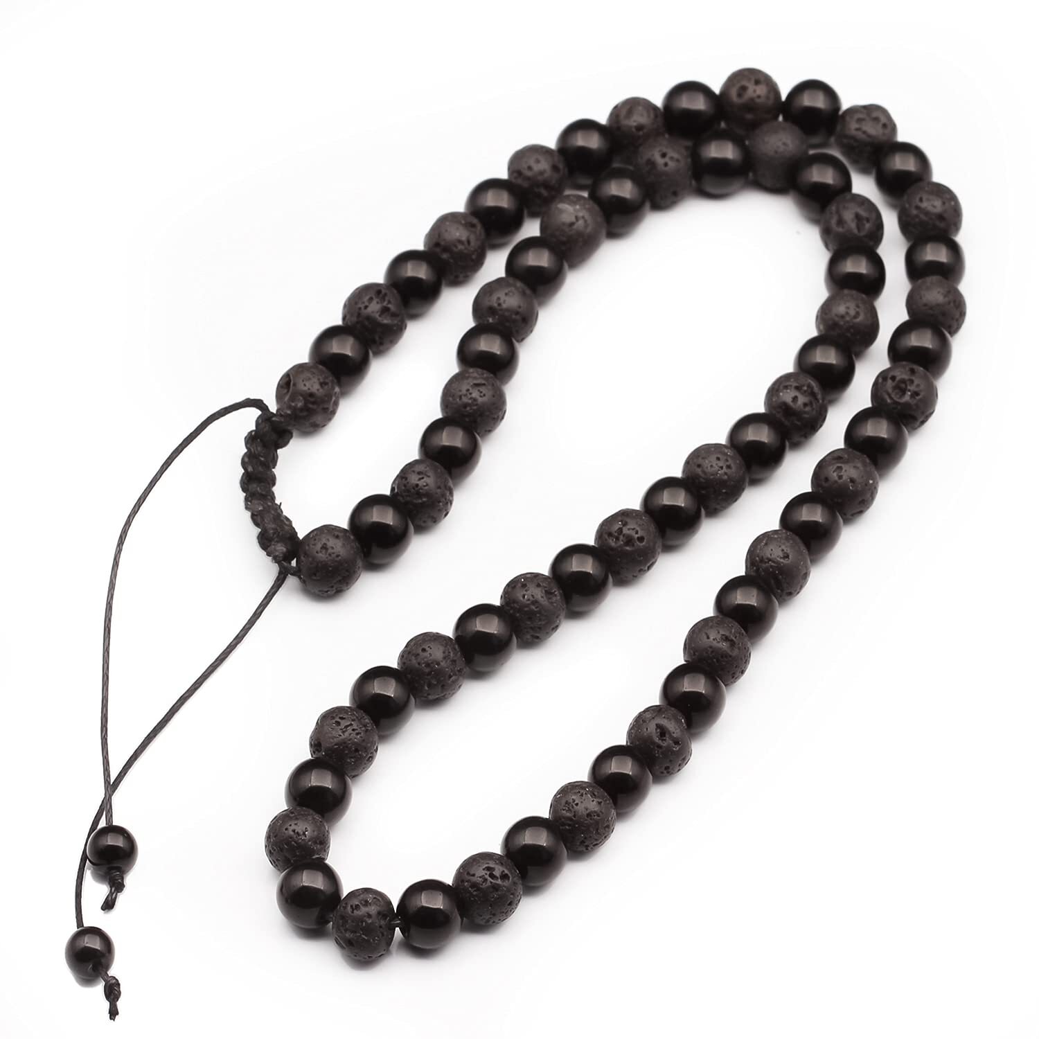 Mens Long Necklace Natural Black Lava & Black Onyx Beaded Healing Adjustable