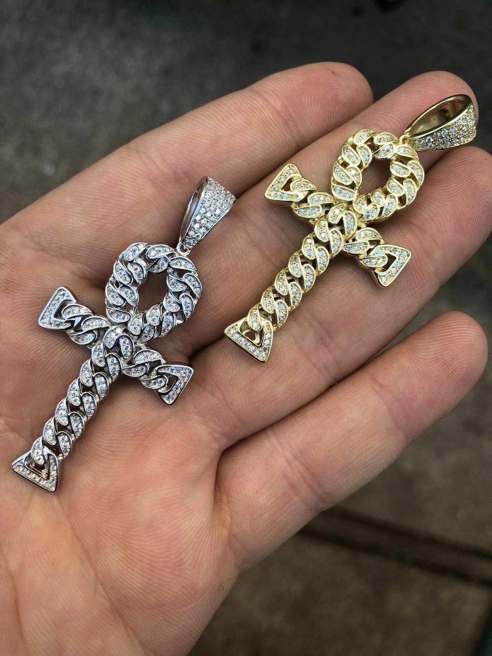 Ankh Cuban Link Cross 14k Gold Plated Solid 925 Sterling Silver Pendant 1ct CZ