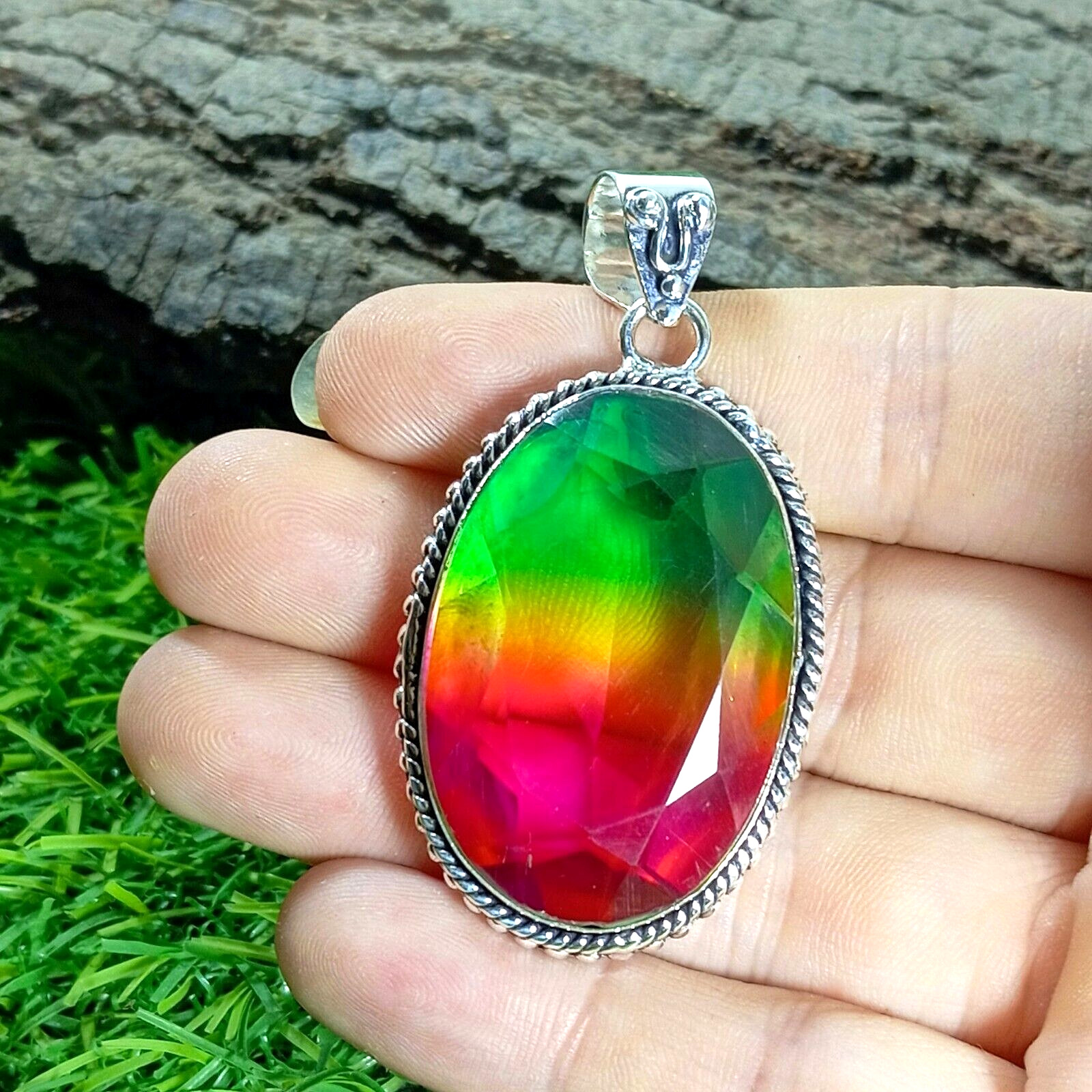 Bi-Color Tourmaline Gemstone Pendant 925 Sterling Silver Jewelry Pendant.