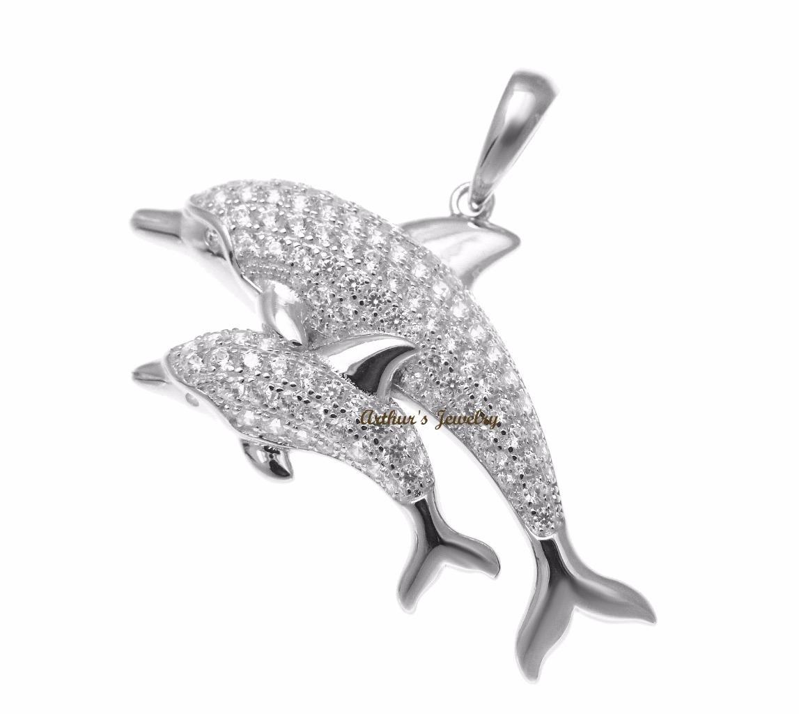 RHODIUM PLATED 925 SILVER HAWAIIAN DOLPHIN MOTHER BABY PENDANT CZ 38.35MM