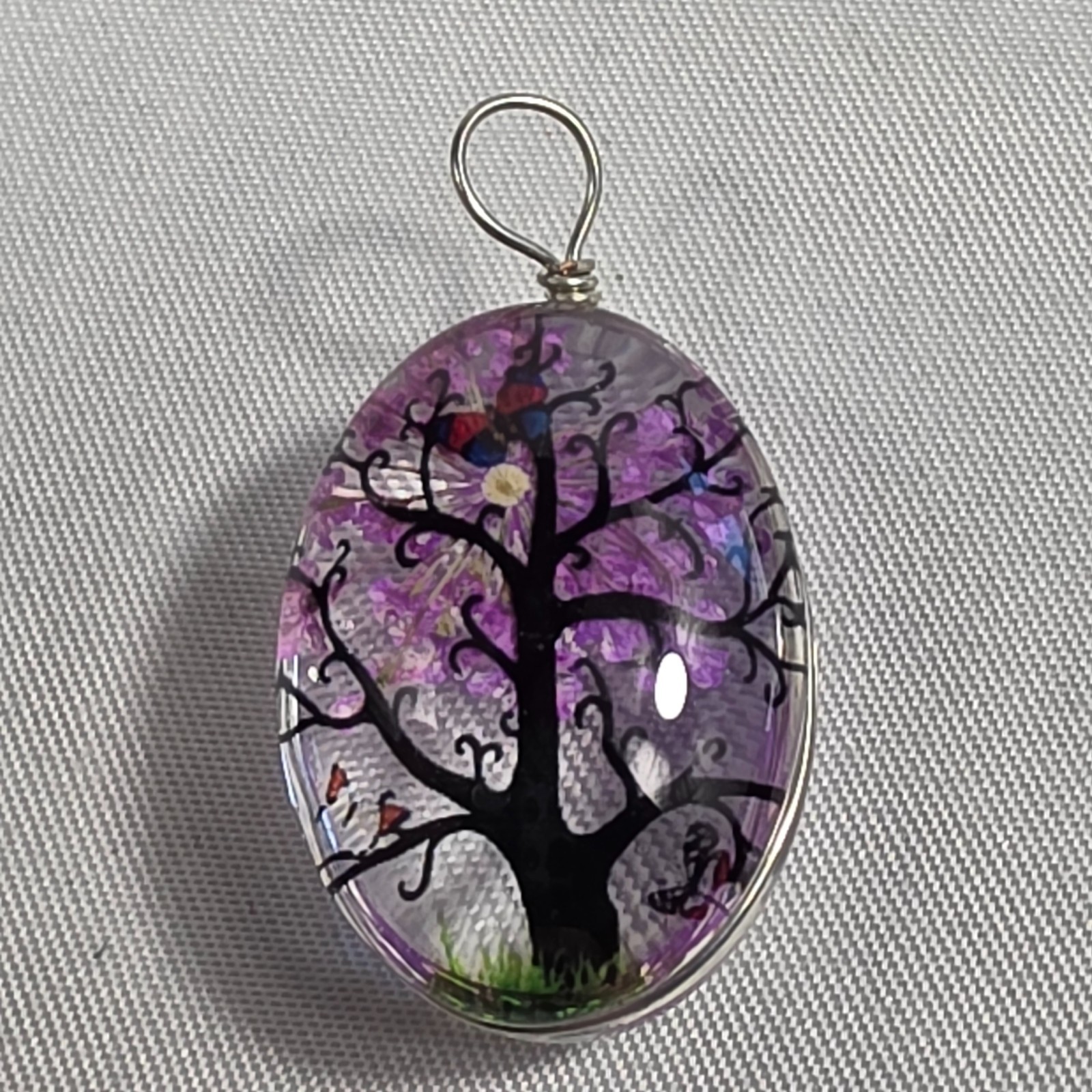 Tree of Life Resin Oval Pendant Dried Purple Flowers Butterflies, Tree & Grass