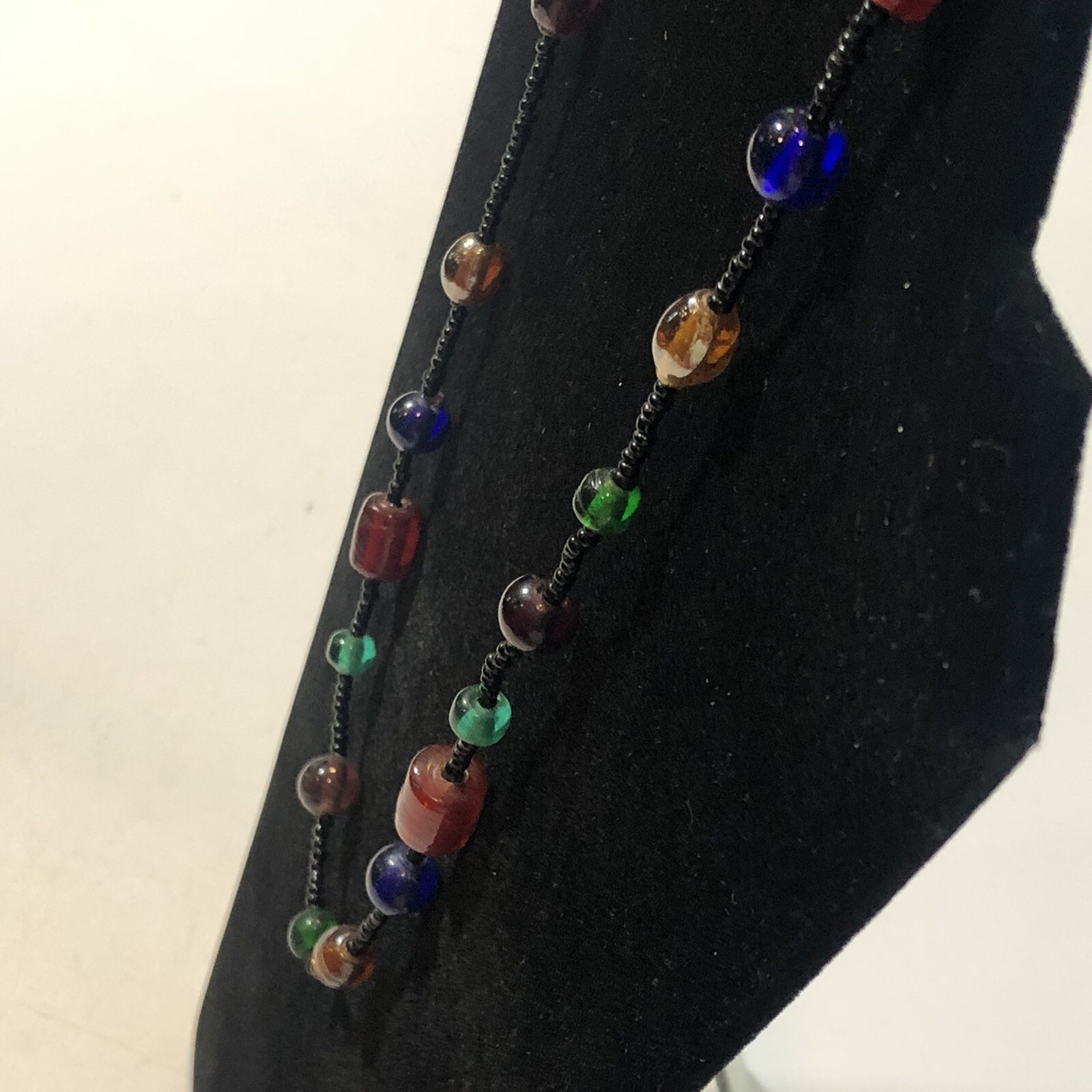 Glass Beaded Necklace 18” Multicolored With Iridescence Black Seed Bead Spacers