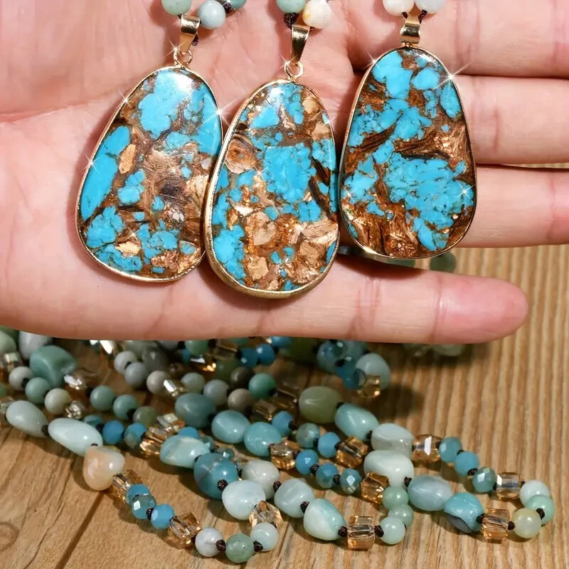 Boho Vintage Amazonite Bead Necklace Pendant Natural Stone Long Chain Women