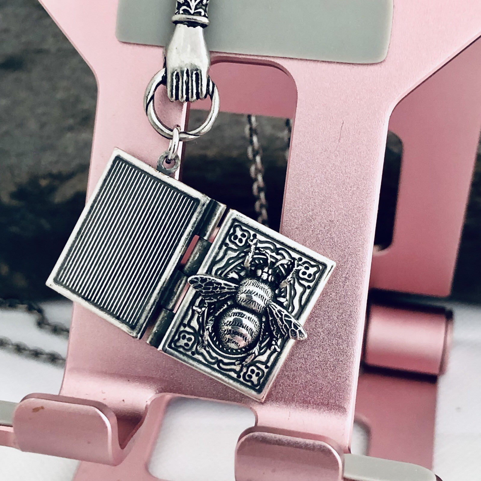 Bumblebee Honey Bee Photo Diary Book Locket Necklace w/ Hand Charm