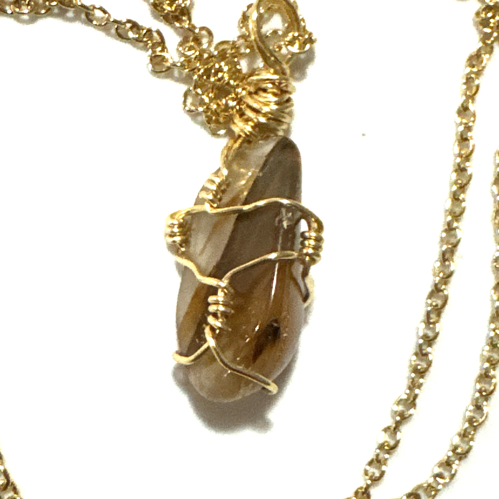 Agate Pendant Necklace Jewelry Gold Tone 24″ Chain Genuine Stone Handmade Wire