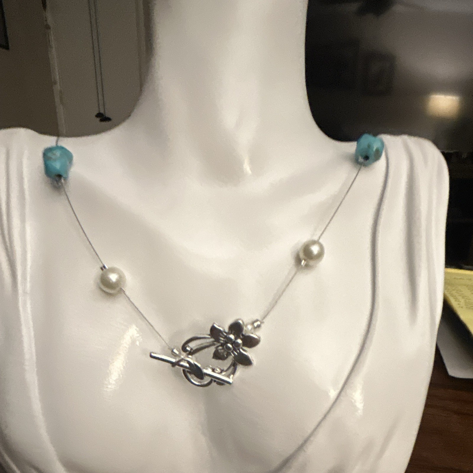 Faux Pearl & Blue Turquoise Beaded Station Wire Necklace Floral Toggle Clasp