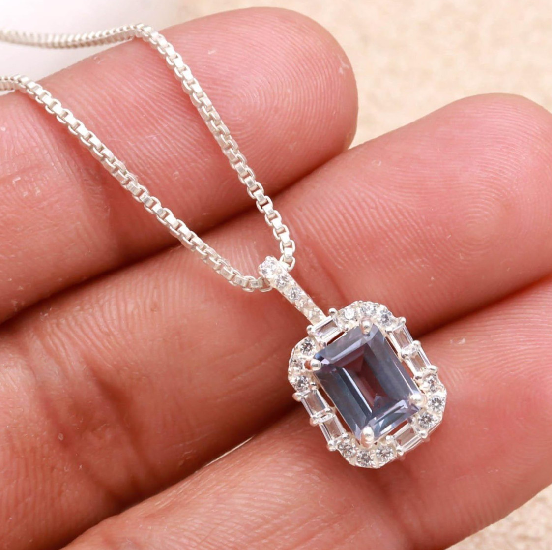 Colour Changing Alexandrite Emerald Necklace Solid Silver Moissanite Jewelry