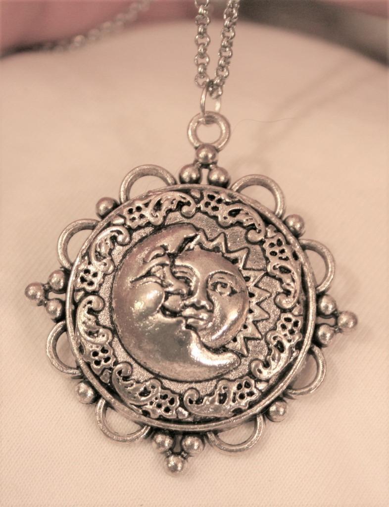 Lovely Ball Cluster Raised Sun & Moon in their Courses Silvertone Necklace