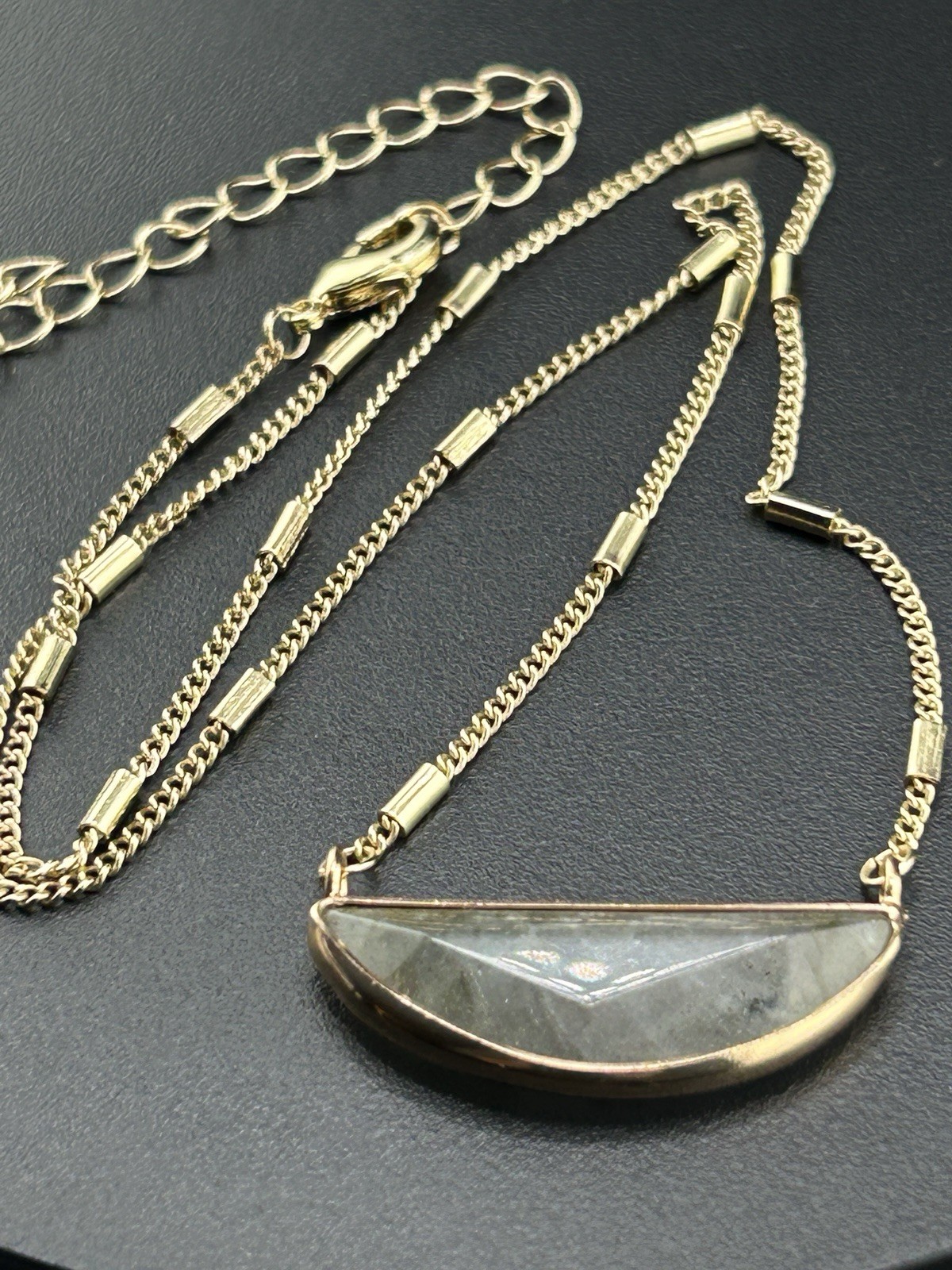 Half Circle Stone Gold Tone Chain Pendant Necklace Adjustable 17-20”
